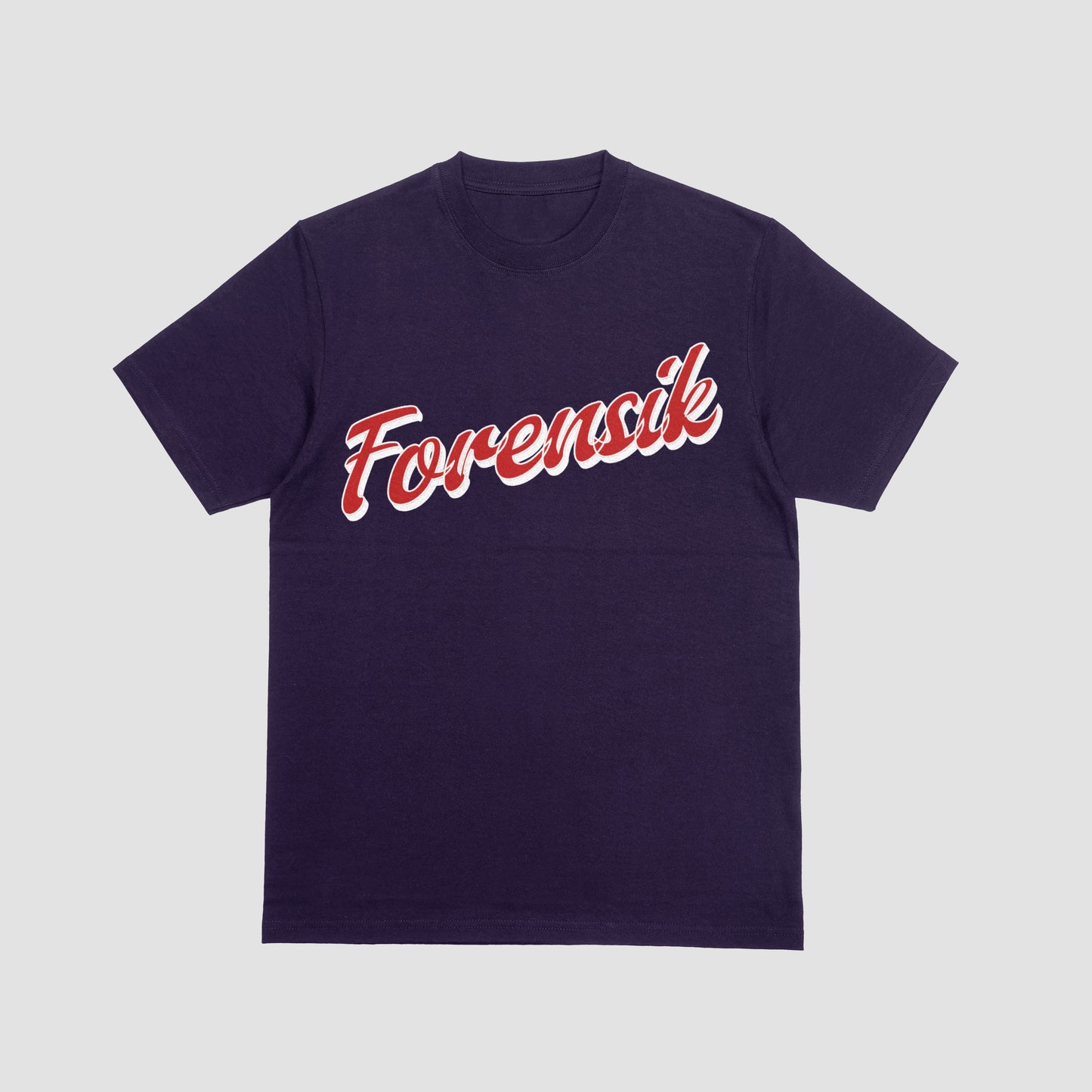 Navy Blue Forensik t shirt with red and white letters