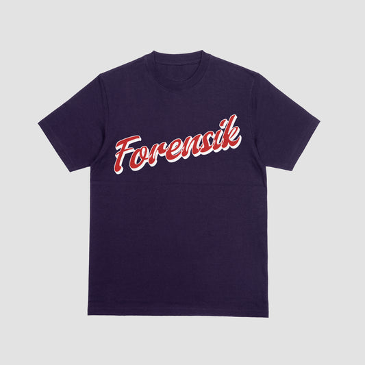 Navy Blue Forensik t shirt with red and white letters